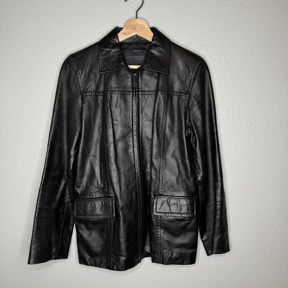 Express Black Genuine Leather Zip Front Jacket Womens Small Y2K Minimal Moto - Picture 1 of 10